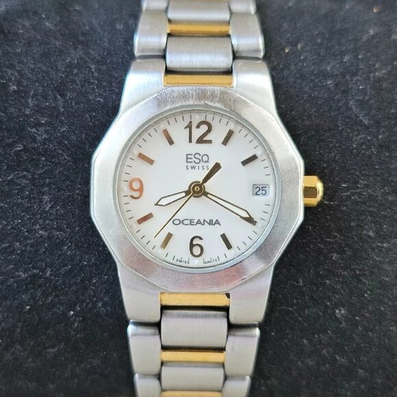 ESQ Movado Swiss Ladies Wristwatch Date Calendar Analog Quartz Silver/Gold Watch